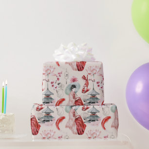 Papel De Presente Oriental Geisha, Peixe Koi, Pagoda Japonesa