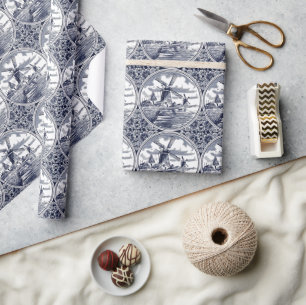 Papel De Presente Ornamentado Chic Antiquado Holandês Delft Blue Art
