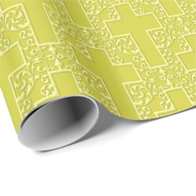 Papel De Presente Ornamentado Cruz-12-Amarelo (Ponta do rolo)