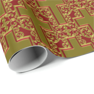 Papel De Presente Ornamentado Cruz-23-Vermelho e Dourado