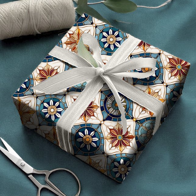 Papel De Presente Ornamentado marroquino Padrão do Azulejo nº 3 Blue (Criador carregado)