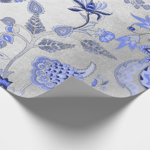 Papel De Presente Ornamental floral de prata do cobalto da safira