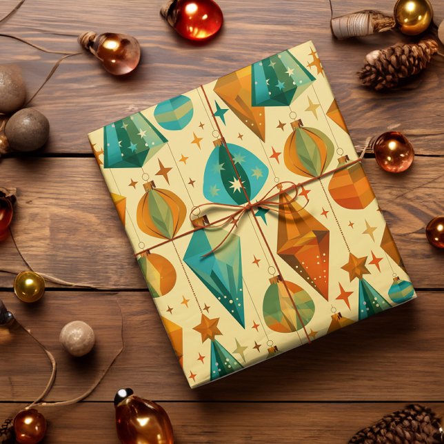 Papel De Presente Ornamento Atômica Retrospectivo do médio século (Mid century modern retro christmas wrapping paper in vintage gold, copper, and teal)