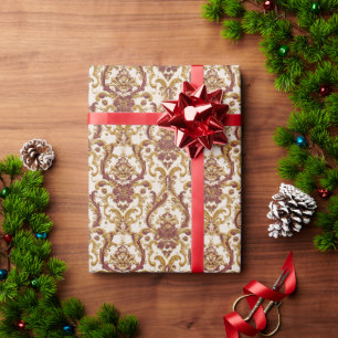 Papel De Presente Ornamento Barroco de Marfim com Dourado e Burgundy