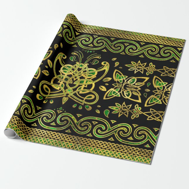 Papel De Presente Ornamento de Borboletas Célticas - Verde e ouro (Desenrolado)