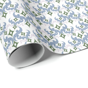 Papel De Presente ornamento de damasco azul e verde pontilhismo