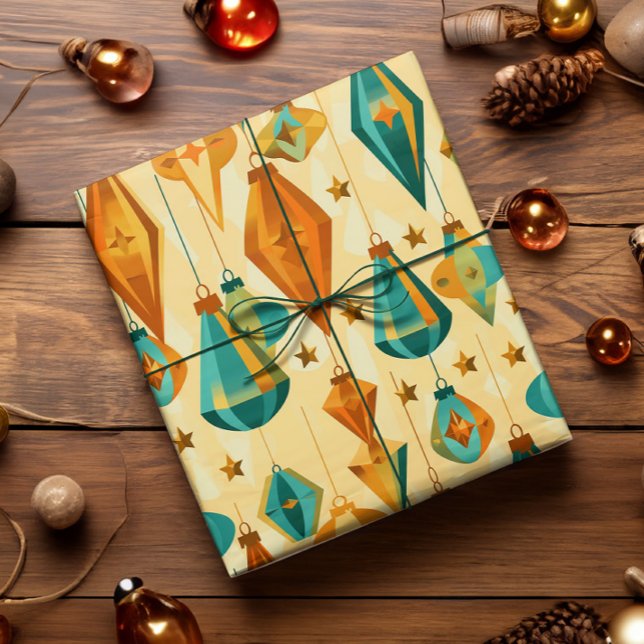 Papel De Presente Ornamento de Estrela Atômica do Retro Natal (Midcentury modern glass ornament and atomic star wrapping paper in copper and teal.)