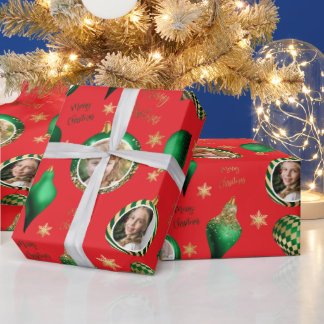 Papel De Presente Ornamento de Fotos Dourada e Verde de Natal Person