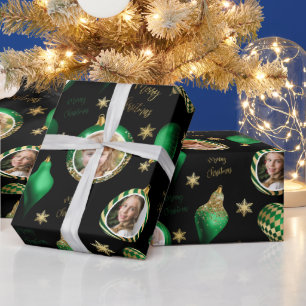 Papel De Presente Ornamento de Fotos Dourada e Verde de Natal Person
