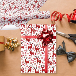 Papel De Presente Ornamento do Floco de Neve de Reindeer Vermelho Na