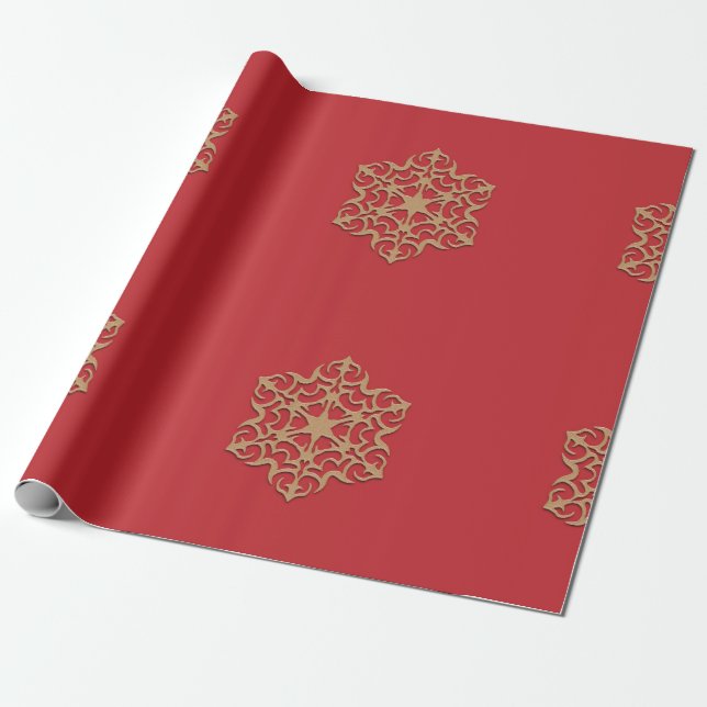 Papel De Presente Ornamento Dourado em Vermelho (Desenrolado)