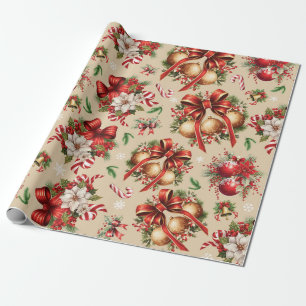 Papel De Presente Ornamento Feliz de Natal Holly Berries Poinsettia