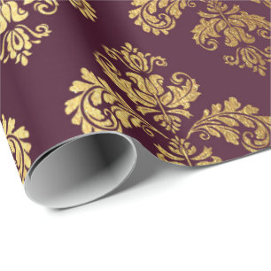 Papel De Presente Ornamento floral Borgonha do damasco real Dourado