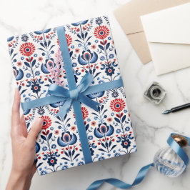 Papel De Presente Ornamento Foliar Azul e Vermelho Escandinavo