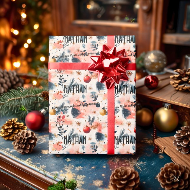 Papel De Presente Ornamentos de Aquarela Personalizados e Natal de P (Criador carregado)
