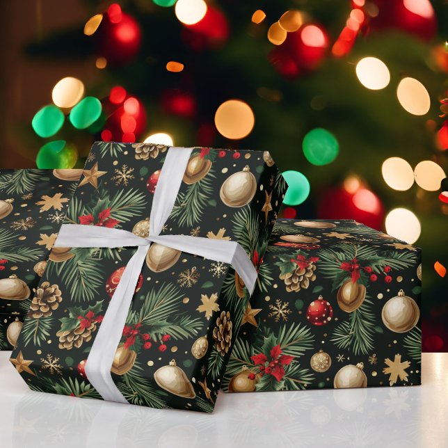 Papel De Presente Ornamentos de Árvore Evergreen de Natal Vermelho D (Criador carregado)