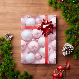 Papel De Presente Ornamentos de Árvores de Natal Cinza Rosa-Rosa Mod