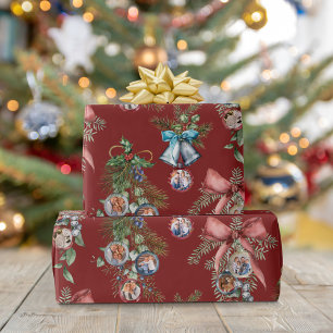 Papel De Presente Ornamentos de Fotos da Família Natal Vermelha