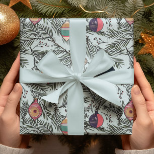 Papel De Presente Ornamentos de Natal Blue Vintage, Pinus, Berries