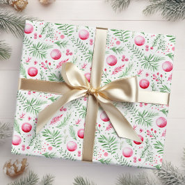 Papel De Presente Ornamentos e Folhagem Rosa de Natal