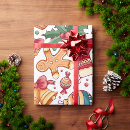 Papel De Presente Ornamentos festivos e pão de especiarias Natal