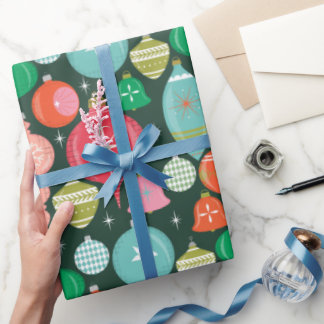 Papel De Presente Ornamentos Retro Natal Verdes