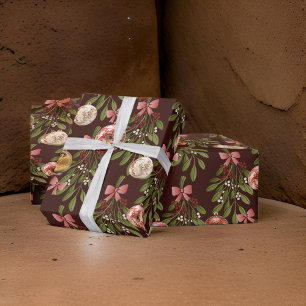 Papel De Presente Ornaments Brown Red Arco MistletoHolly