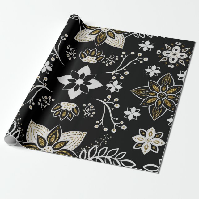 Papel De Presente Ornate black and white floral pattern  (Desenrolado)