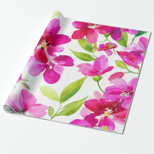 Papel De Presente Orquídea Magenta Rosa Quente Floral Botânico Vinta