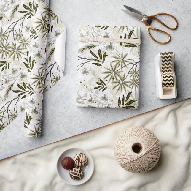 Papel De Presente Orquídeas brancas com folhas tropicais de oliveira (Artesanato)