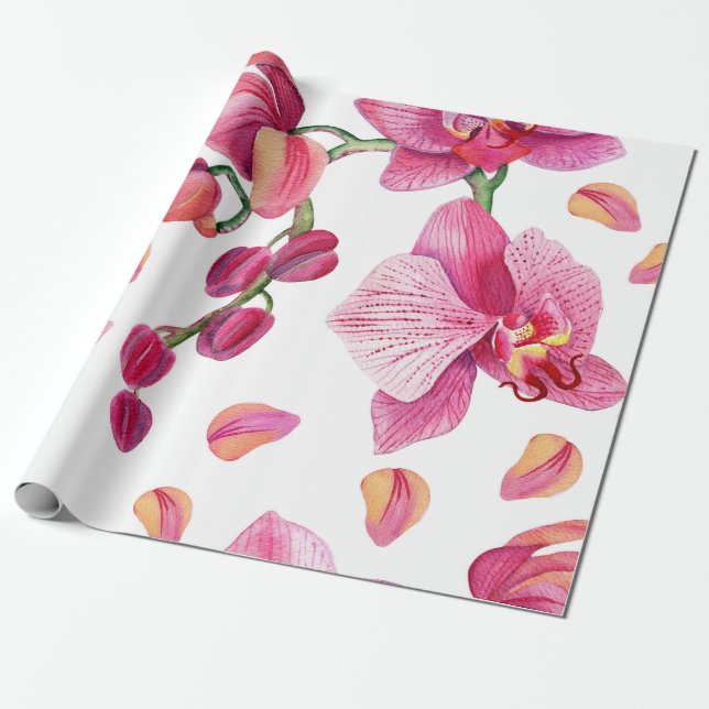 Papel De Presente Orquídeas de Aquarela Design 2 (Desenrolado)