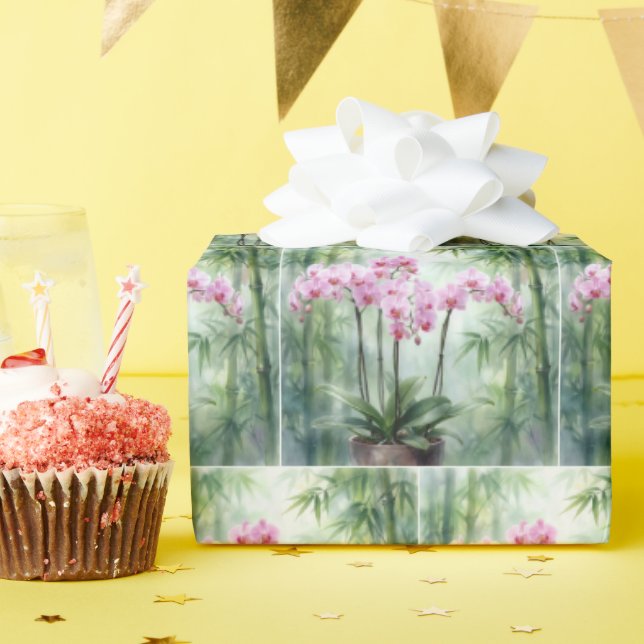 Papel De Presente Orquídeas e Bambu Rosa Etéreo (Festa de aniversário)