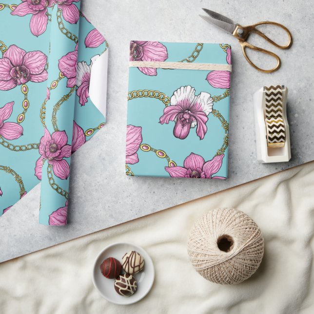 Papel De Presente Orquídeas e correntes, rosa e azul (Artesanato)