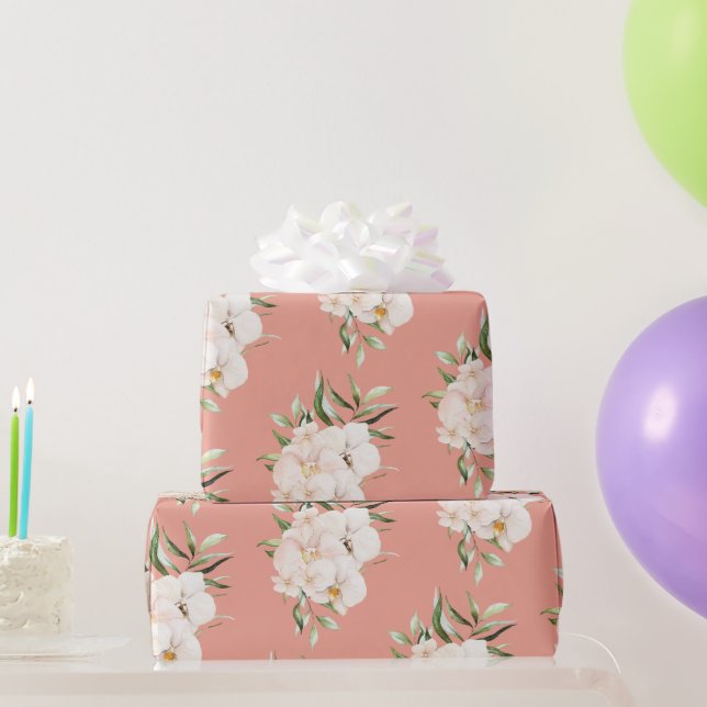 Papel De Presente Orquídeas Tropicais e Palmeira sobre Coral (Presentes para festas)