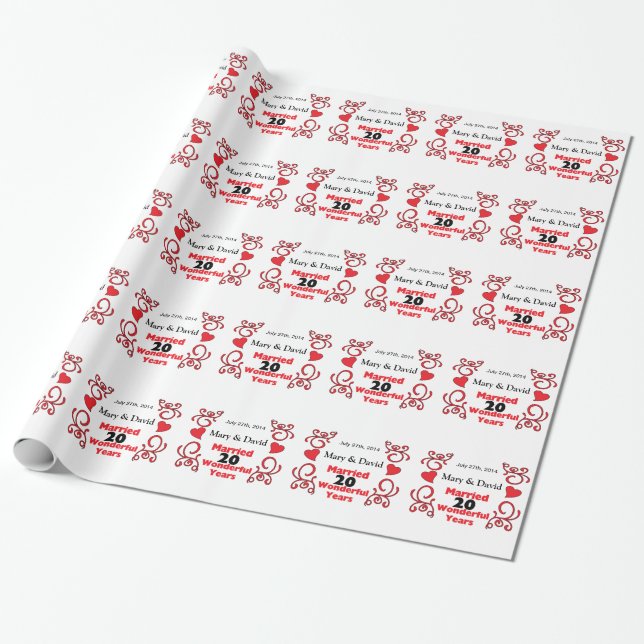 Papel De Presente Os nomes vermelhos do rolo & dos corações & datam (Desenrolado)