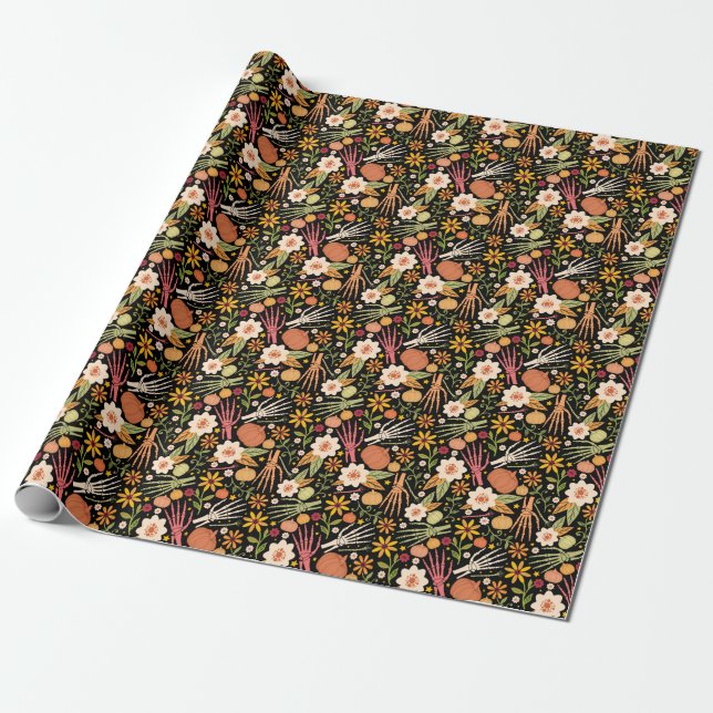 Papel De Presente Ossos de Halloween, padrão floral uniforme. (Desenrolado)