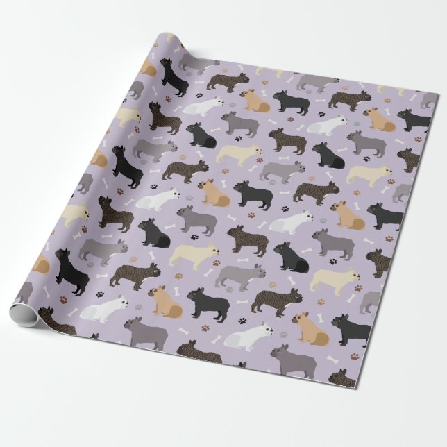 Papel De Presente Ossos do Buldogue Francês e patas Roxo (Desenrolado)