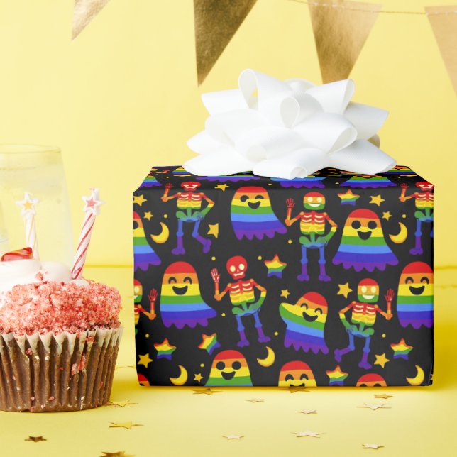 Papel De Presente 🦇🌈 Ossos e Estrelas Arco-íris  (Festa de aniversário)