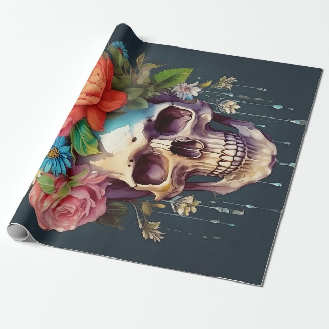 Papel De Presente Ossos e Sangue, Caveira e Flores de Jardim (Desenrolado)