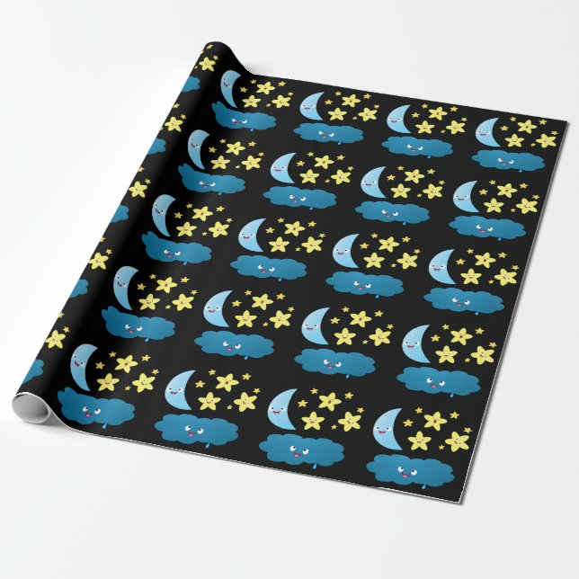 Papel De Presente Ótimas estrelas cantoras, lua e desenhos em nuvem (Desenrolado)