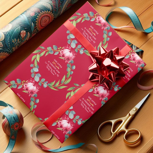 Papel De Presente Our Little Pumpkin 1st Birthday Green Wreath Pink (Our Little Pumpkin 1st Birthday Green Wreath Pink Wrapping Paper)