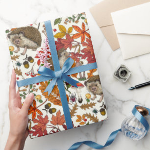 Papel De Presente Ouriços e flora da floresta outonal em marfim