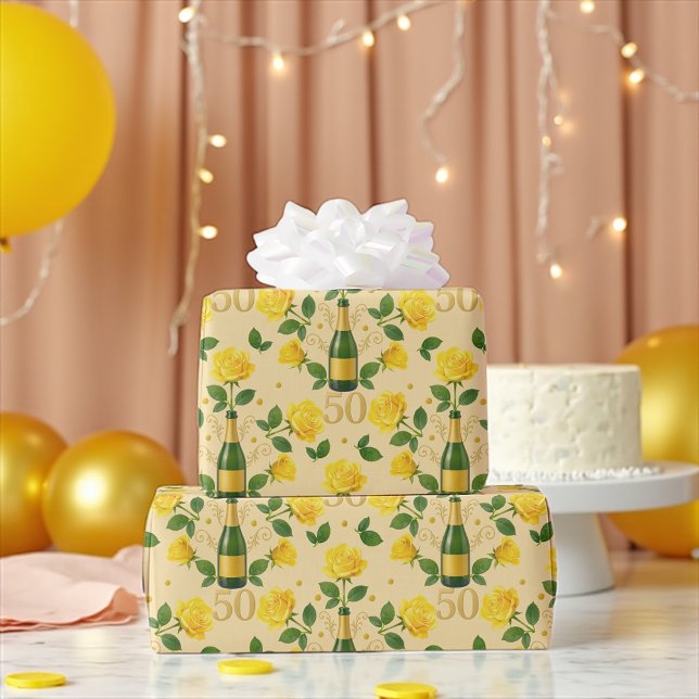 Papel De Presente Ouro 50º Aniversário, Rosas Amarelas, Pape (Golden 50th anniversary gift wrap with yellow roses and champagne bottle pattern)