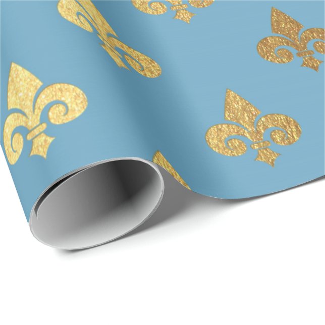 Papel De Presente Ouro Azul Real Fior De Lise Ornament Heraldic (Ponta do rolo)