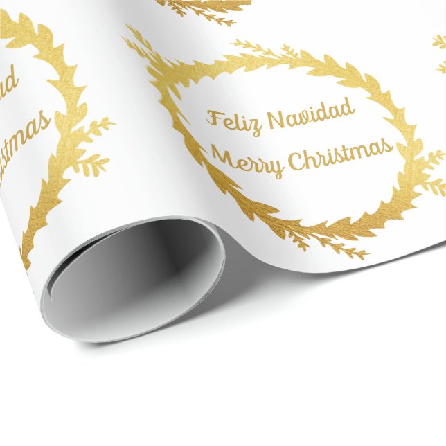 Papel De Presente Ouro Branco Bilíngue Feliz Navidad Natal (Ponta do rolo)