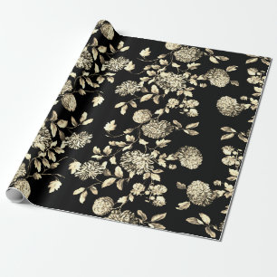 Papel De Presente Ouro branco preto Toile floral