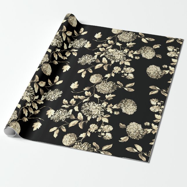 Papel De Presente Ouro branco preto Toile floral (Desenrolado)