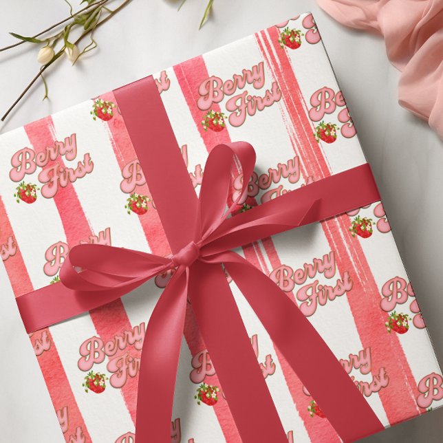 Papel De Presente Ouro Branco Rosa Morango Primeiro Aniversário Mora (Criador carregado)