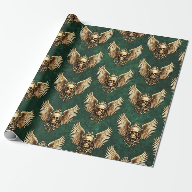 Papel De Presente Ouro - Caveira Gótica Sinal de Ascensão Verde Escu (Desenrolado)