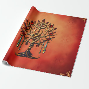 Papel De Presente Ouro da árvore da vida com pedras vermelhas